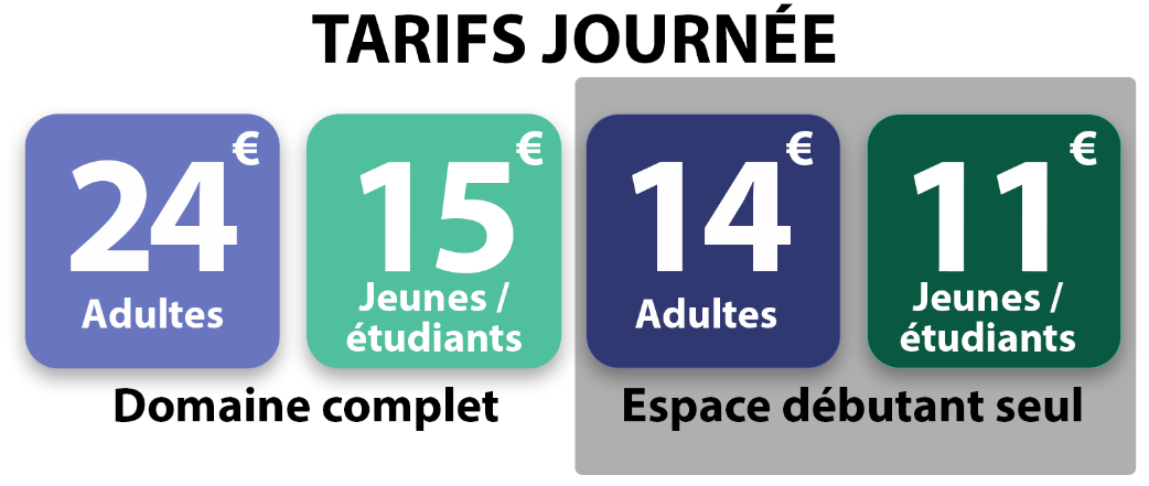 Tarifs journée à Chalmazel (42) - Domaine complet = 24 euros adultes et 15 euros jeunes et étudiants - Espace débutants = 14 euros adultes et 11 euros jeunes et étudiants 